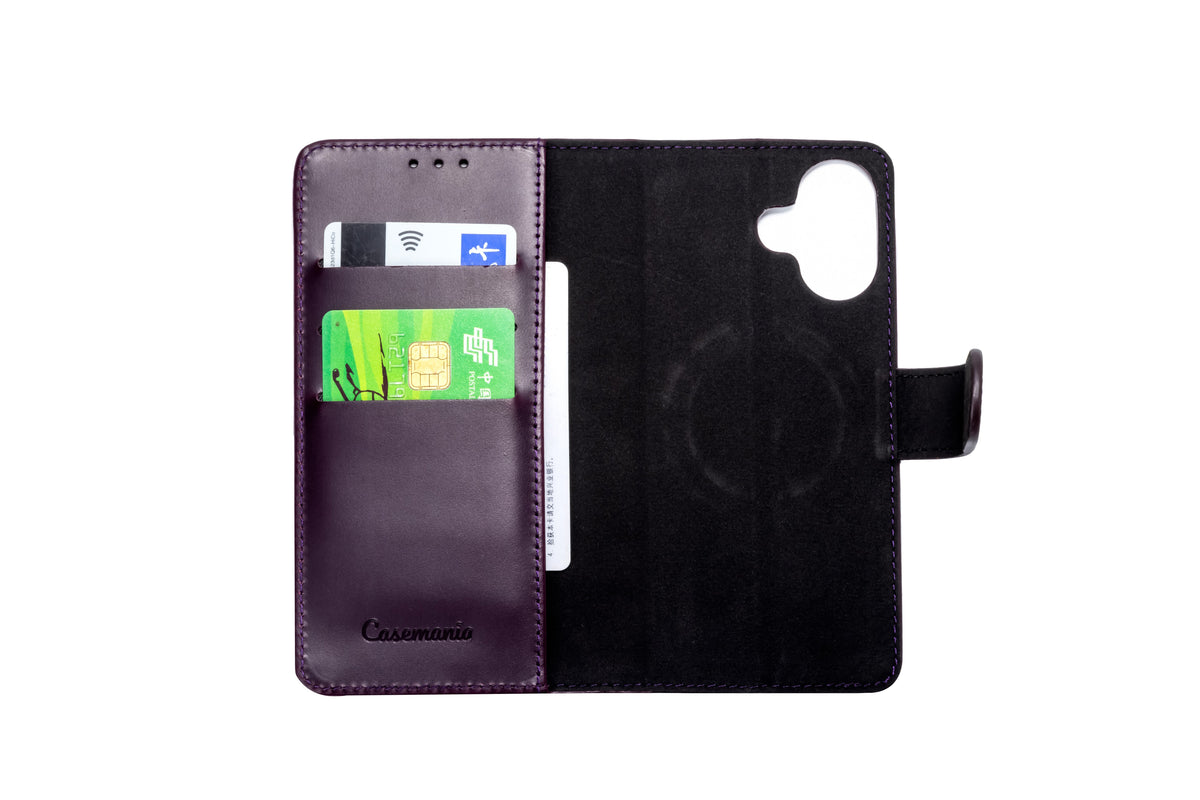 Apple iPhone 17 Case - Dark Purple - Genuine Leather MagSafe Wallet Case