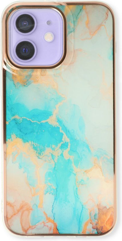 iPhone 12/12 Pro Hoesje - Aqua - Siliconen Marmer Back Cover