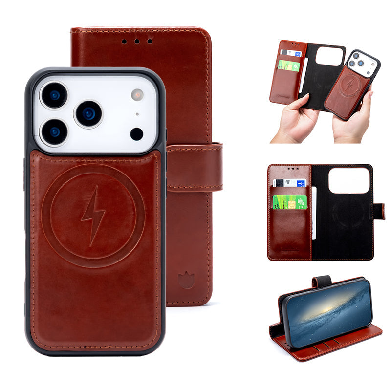 Apple iPhone 17 Pro Hoesje - Chestnut Brown - Echt Leren MagSafe Bookcase