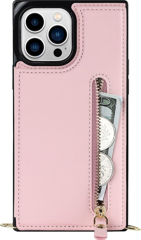 Apple iPhone 14 Pro Max Hülle - Rosa - Luxus-Backcover mit Handykette und Reißverschluss