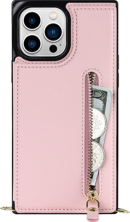 Apple iPhone 14 Pro Max Hülle - Rosa - Luxus-Backcover mit Handykette und Reißverschluss