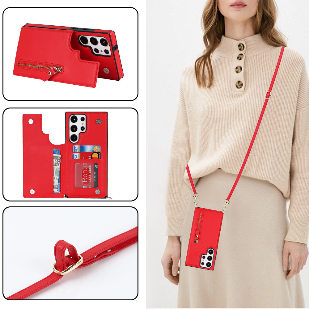 Samsung Galaxy S23 Ultra Hoesje - Rood - Luxe Back Cover met Telefoonkoord en Rits