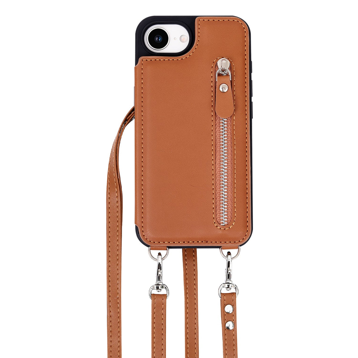 Apple iPhone 17e Case - Brown - Luxury Back Cover with Phone Strap and Zipper