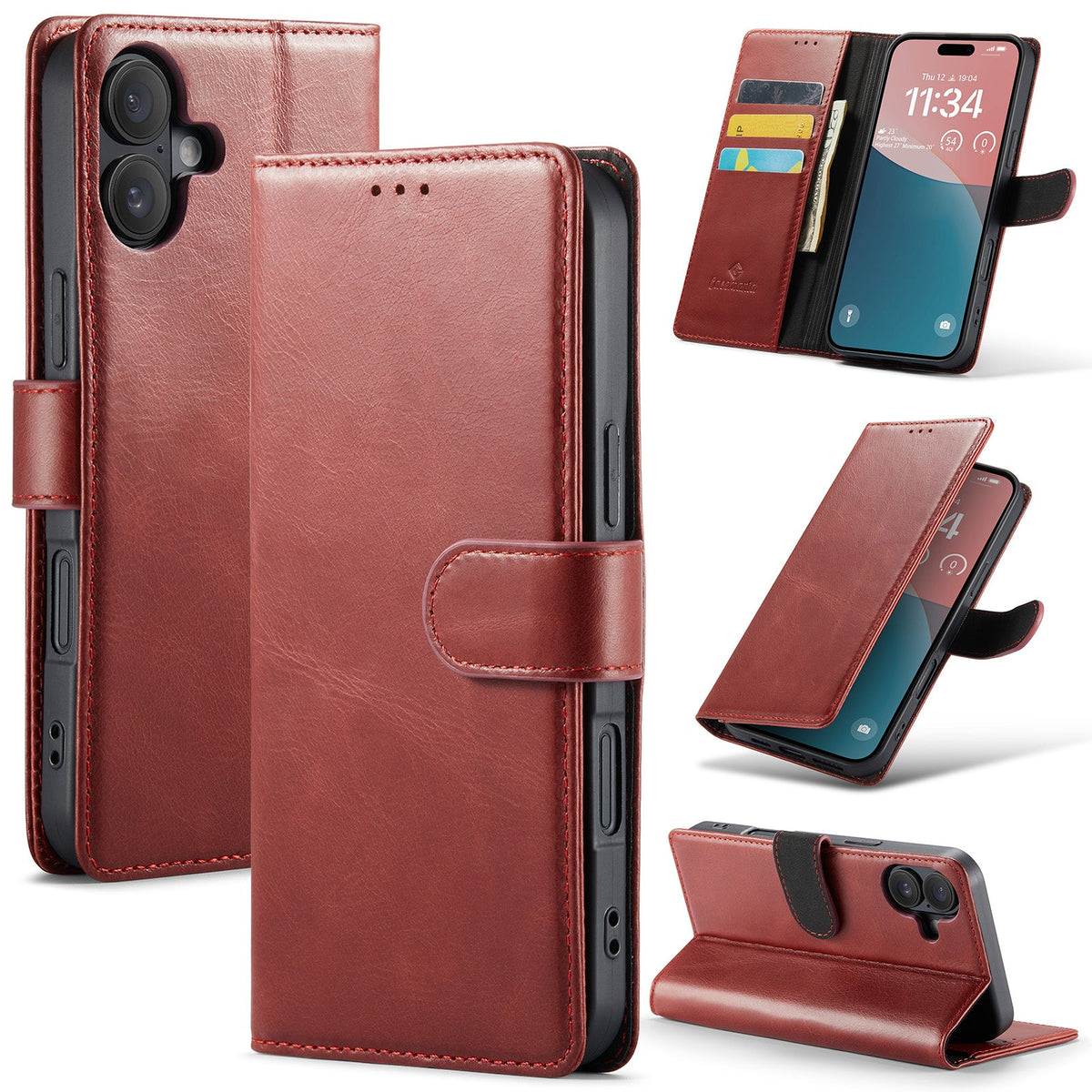 Apple iPhone 16 Plus Hoesje - Rood - Echt Leren Bookcase