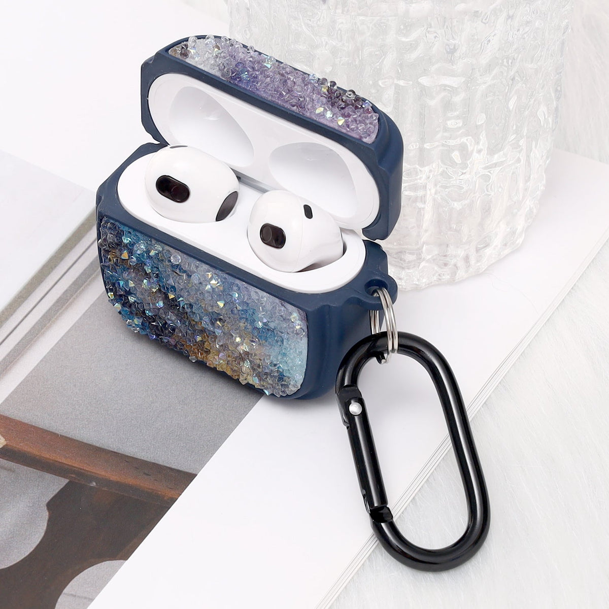 Apple AirPods 3 Hoesje - Diamant Marmer Glitter met Ring - Blauw
