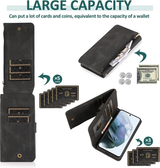 Samsung Galaxy S22 Plus Hoesje - Zwart - Extra Stevige Luxe Bookcase met Rits en Vakken