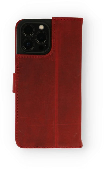 Apple iPhone 13 Pro Hülle - Rot - Echtleder-Klapphülle mit Kartenfach