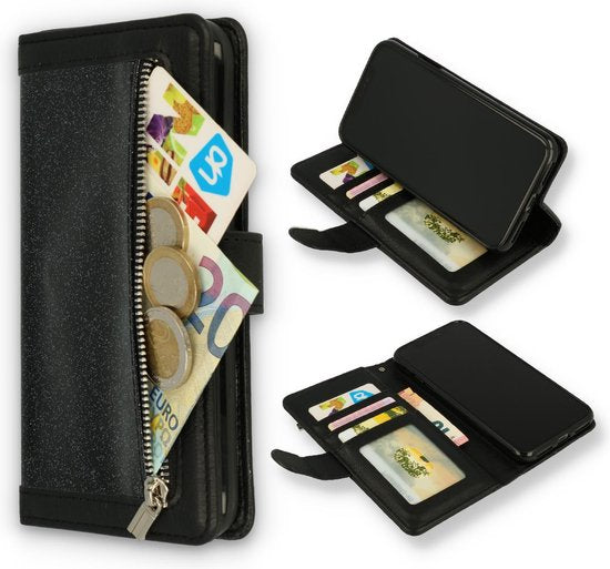 Apple iPhone 11 Pro Max Hoesje - Zwart - Glitter Luxe Bookcase met Rits