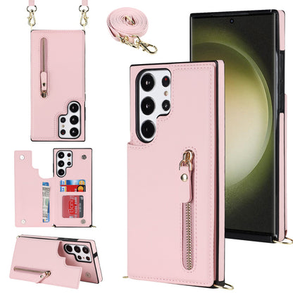 Samsung Galaxy S23 Ultra Hülle - Pink - Luxuriöses Back Cover mit Handyband und Reißverschluss