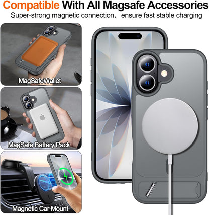 Apple iPhone 17 Case - Grey - Matte Armour MagSafe Back Cover with Kickstand