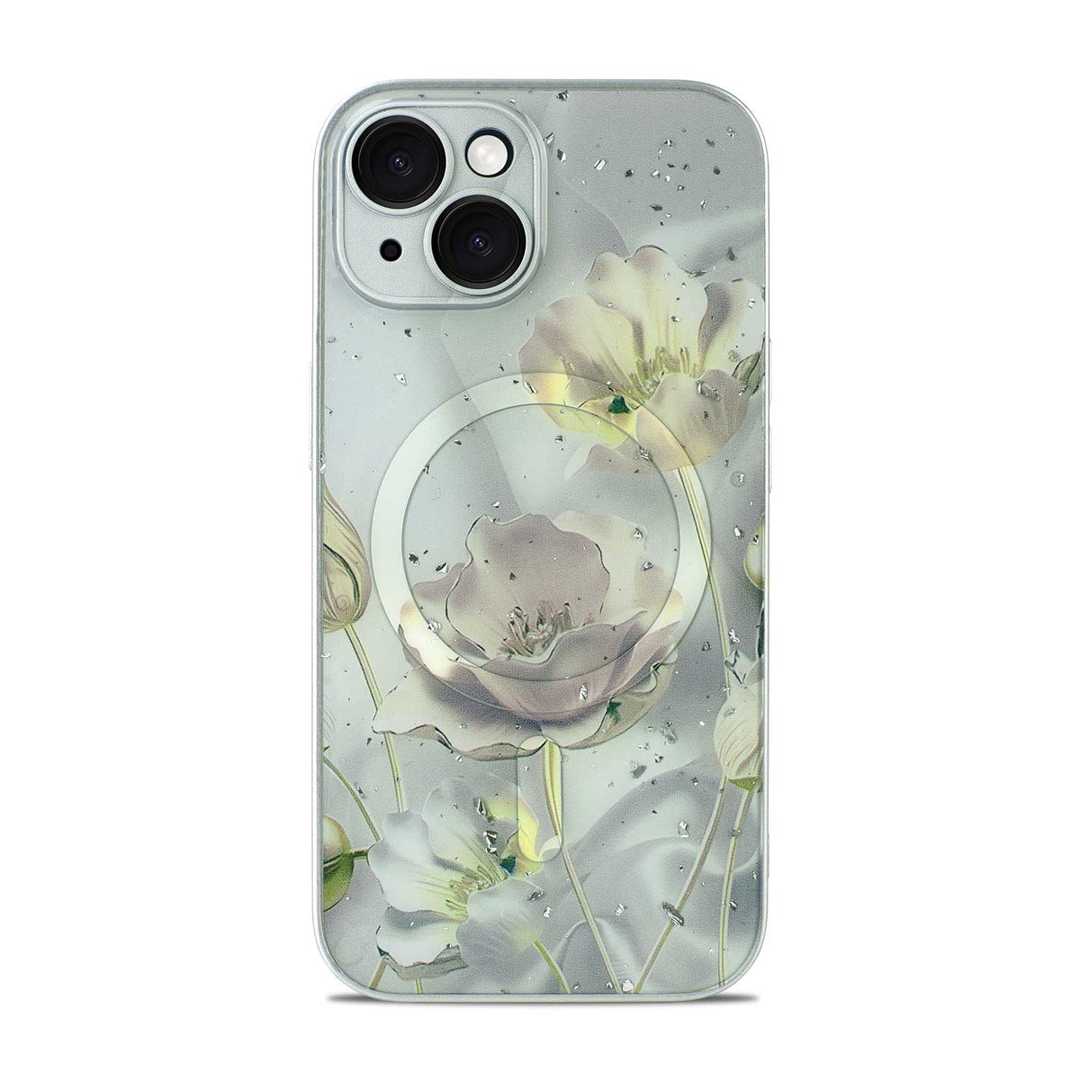 Apple iPhone 14 Case - Grey - Floral Glitter MagSafe Back Cover