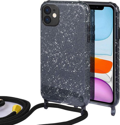Apple iPhone 12 Mini Hoesje - Zwart - Glitter Back Cover met Telefoonkoord