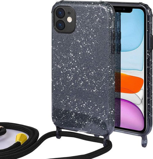 Apple iPhone 12 Mini Hoesje - Zwart - Glitter Back Cover met Telefoonkoord
