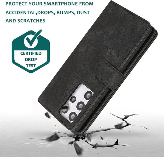 Samsung Galaxy S22 Ultra Hülle - Schwarz - Besonders robuste Luxus-Bookcase mit Reißverschluss und Fächern