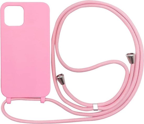 Apple iPhone 12 Pro Max Hoesje - Roze - Siliconen Back Cover met Telefoonkoord