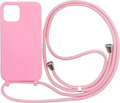 Apple iPhone 12 Pro Max Hoesje - Roze - Siliconen Back Cover met Telefoonkoord