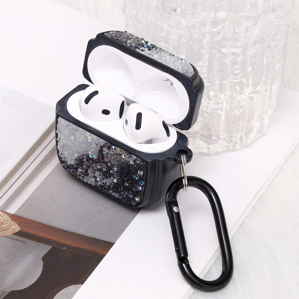 Étui pour Apple AirPods 4 - Marbre Diamant Pailleté avec Anneau - Noir
