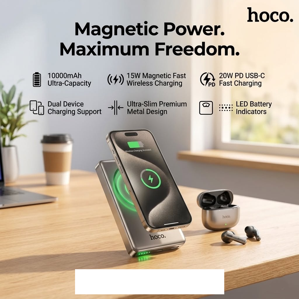 Hoco Powerbank 10.000mAh Magnetisch Draadloos Ultradun - Metallic Gray