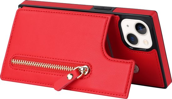 Apple iPhone 14 Hoesje - Rood - Luxe Back Cover met Telefoonkoord en Rits