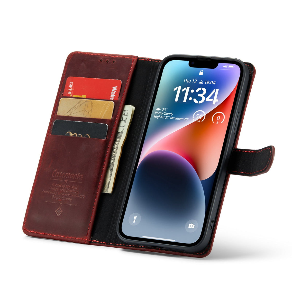 Apple iPhone 15 Plus Hülle - Rot - Echtleder-Klapphülle mit Kartenfach