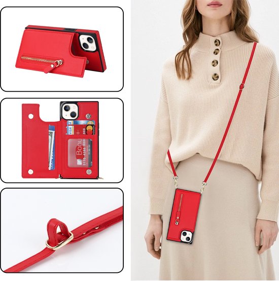 Apple iPhone 14 Hoesje - Rood - Luxe Back Cover met Telefoonkoord en Rits