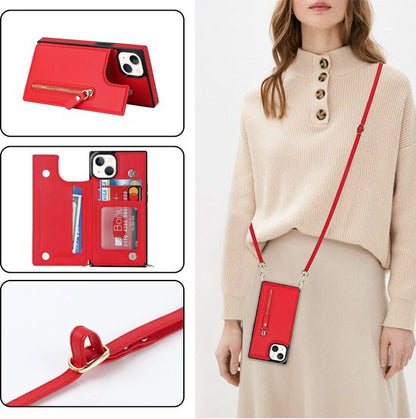 Apple iPhone 14 Plus Case - Red - Luxury Back Cover with Phone Strap and Zipper