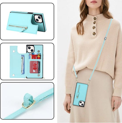 Apple iPhone 14 Case - Turquoise - Luxury Back Cover with Phone Strap and Zipper