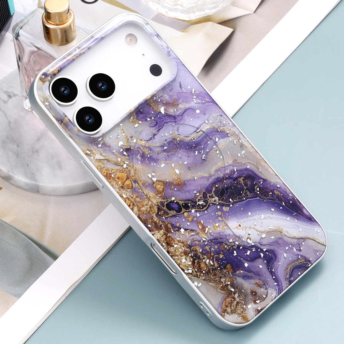 Coque pour Apple iPhone 18 Pro Max - Violet - Marbre Pailleté MagSafe Back Cover