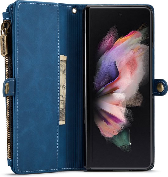 Samsung Galaxy Z Fold 3 5G Hoesje - Navy Blue - Luxe Bookcase met Rits en Telefoonkoord