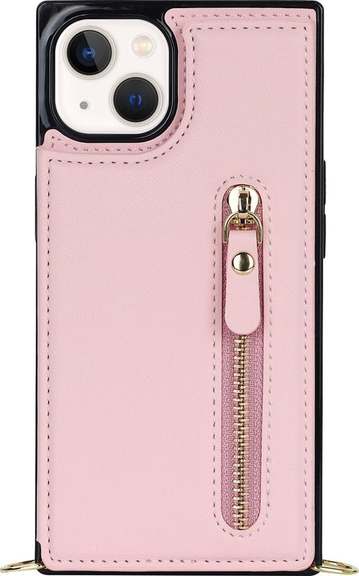 Apple iPhone 14 Plus Hoesje - Roze - Luxe Back Cover met Telefoonkoord en Rits