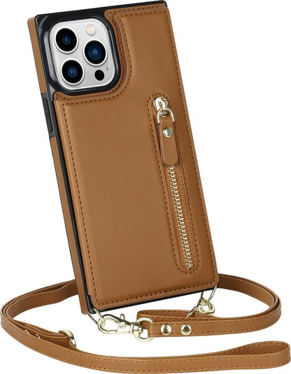 Apple iPhone 15 Pro Hoesje - Bruin - Luxe Back Cover met Telefoonkoord en Rits