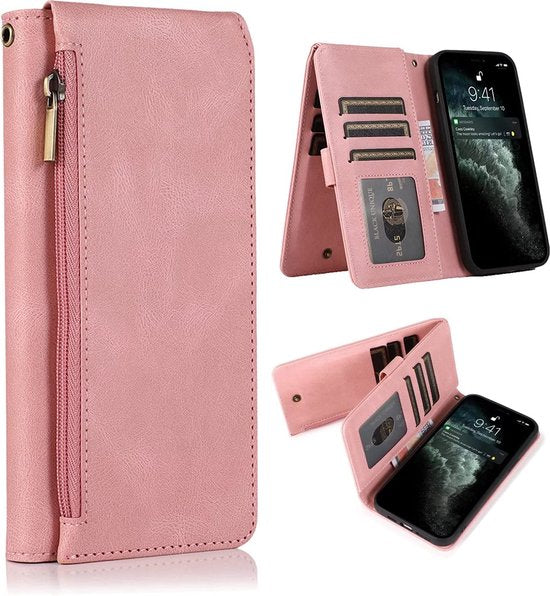 Apple iPhone 13 Pro Case - Pink - Extra Sturdy Luxury Wallet Case with Zip and Compartments