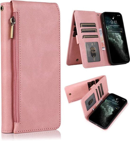 Apple iPhone 13 Pro Case - Pink - Extra Sturdy Luxury Wallet Case with Zip and Compartments