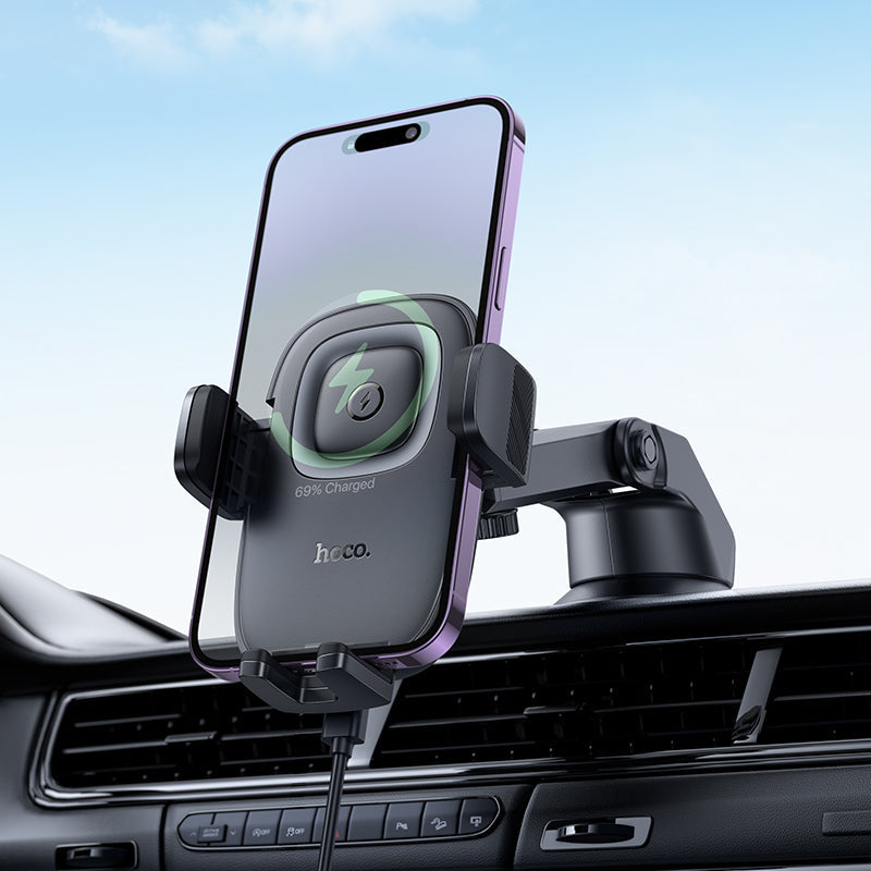 Hoco Telefoonhouder met Zuignap & Draadloos Opladen - Universeel Auto GSM Houder met Clamp