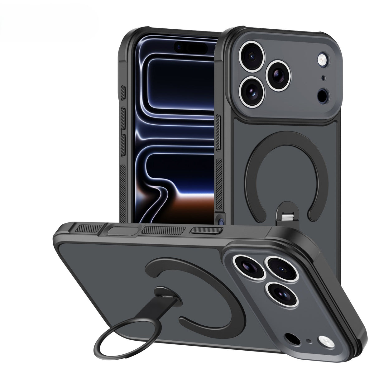 Apple iPhone 18 Pro Hoesje - Zwart - Matte Armor Magnetische Back Cover met Kickstand Ringhouder
