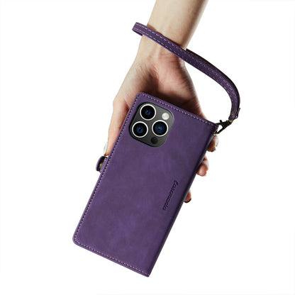 Apple iPhone 15 Pro Hoesje - Dark Purple - Luxe MagSafe Bookcase met Rits en Telefoonkoord