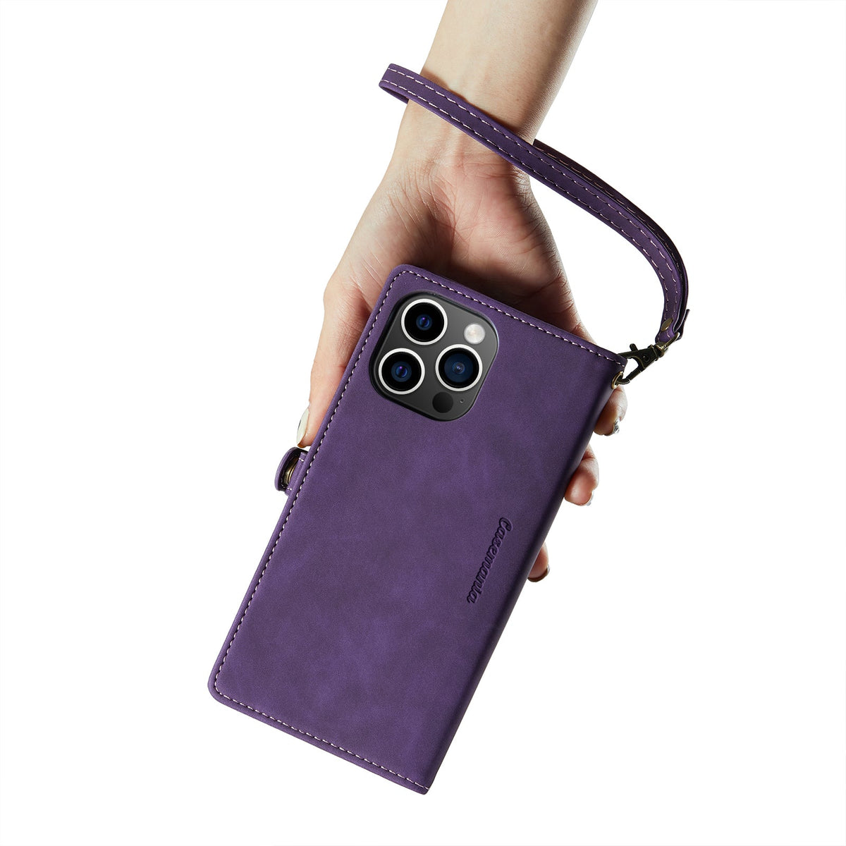 Apple iPhone 15 Hoesje - Dark Purple - Luxe MagSafe Bookcase met Rits en Telefoonkoord