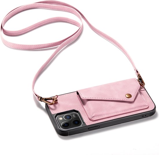 Apple iPhone 12 Pro Max Hoesje - Roze - Luxe Back Cover met Telefoonkoord