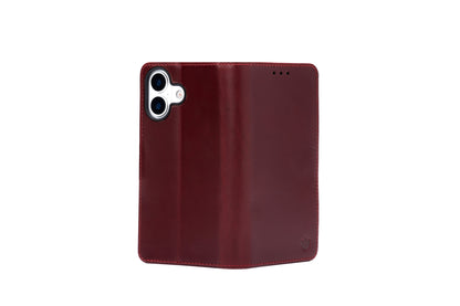 Apple iPhone 17 Hülle - Maroon Red - Echtleder-Klapphülle mit Kartenfach