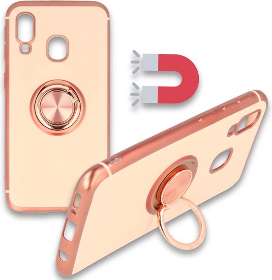 Samsung Galaxy A40 Hoesje - Roségoud - Siliconen Ring Kickstand Back Cover