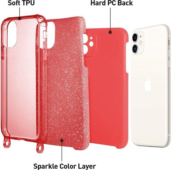Samsung Galaxy S21 Hoesje - Rood - Glitter Back Cover met Telefoonkoord