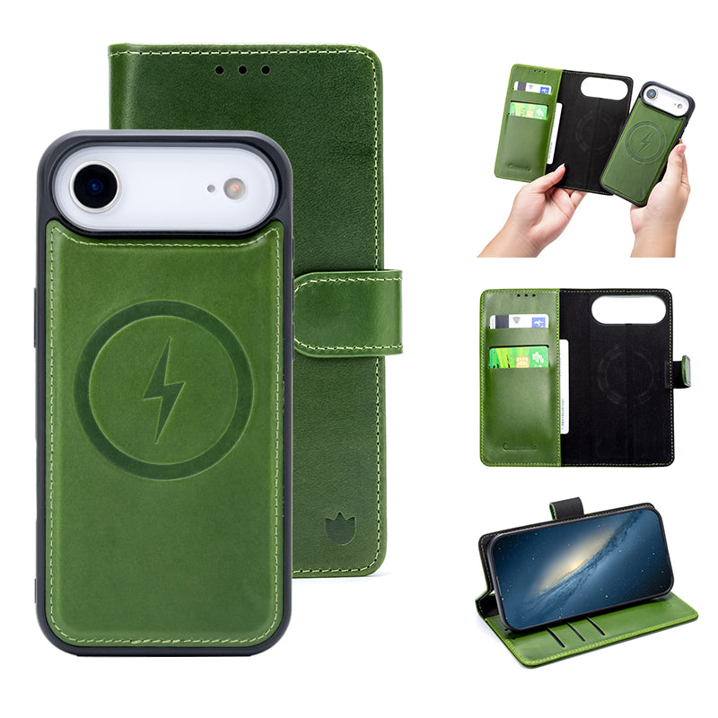 Apple iPhone Air Hoesje - Olive Green - Echt Leren MagSafe Bookcase