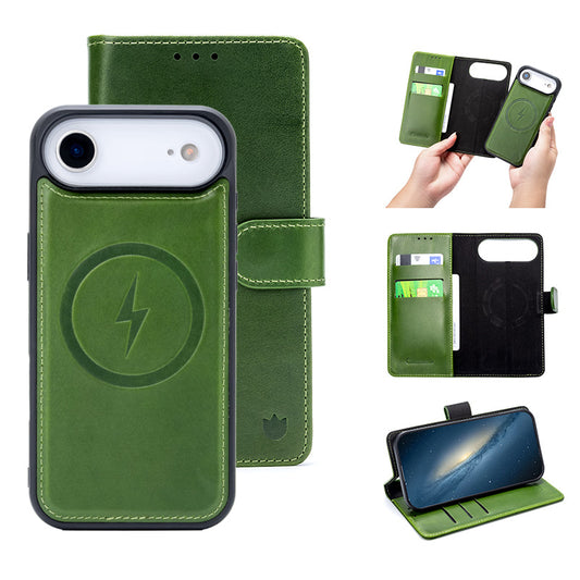 Apple iPhone Air Hülle - Olive Green - Echtleder MagSafe Klapphülle mit Kartenfach
