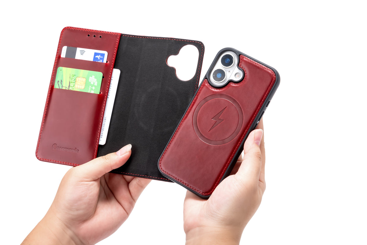 Apple iPhone 17 Hülle - Maroon Red - Echtleder MagSafe Klapphülle mit Kartenfach