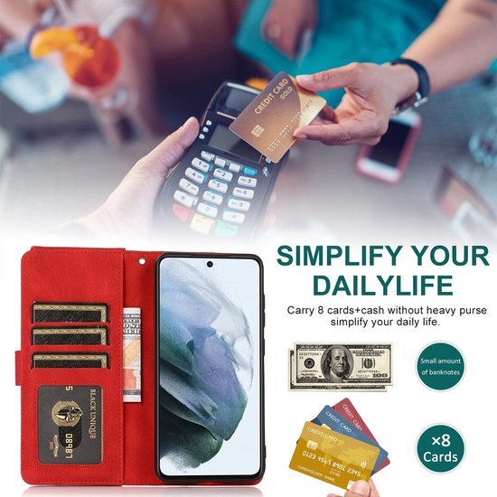 Samsung Galaxy S22 Plus Hoesje - Rood - Extra Stevige Luxe Bookcase met Rits en Vakken