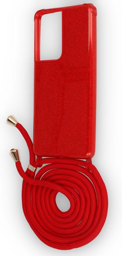 Samsung Galaxy S21 Ultra Hoesje - Rood - Glitter Back Cover met Telefoonkoord
