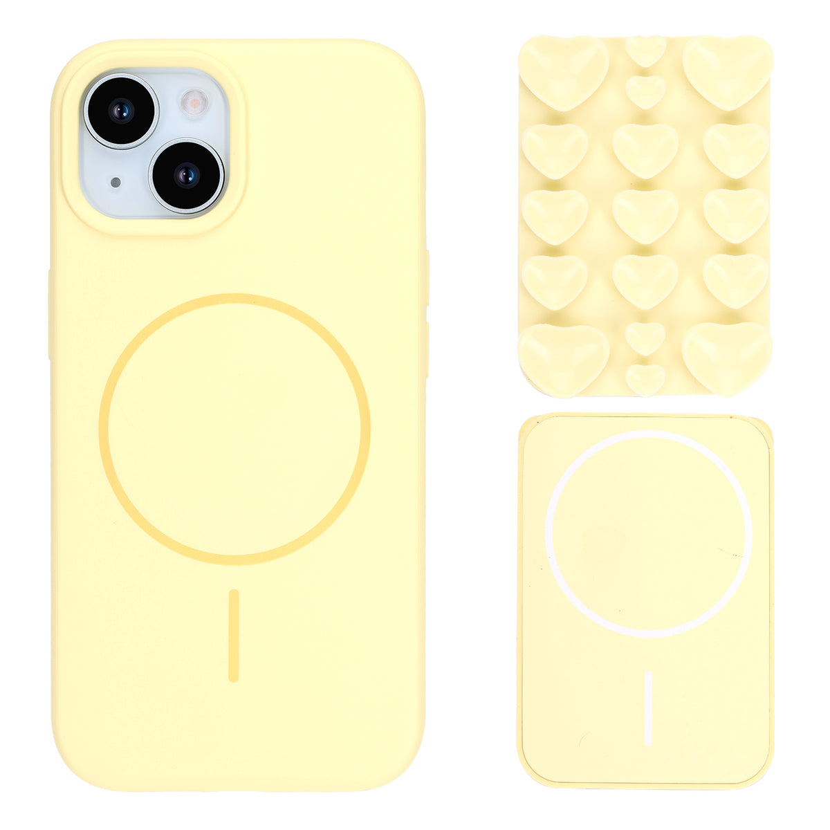 Apple iPhone 13 Hoesje - Geel - Siliconen Back Cover met Afneembare Hartjes Zuignappen