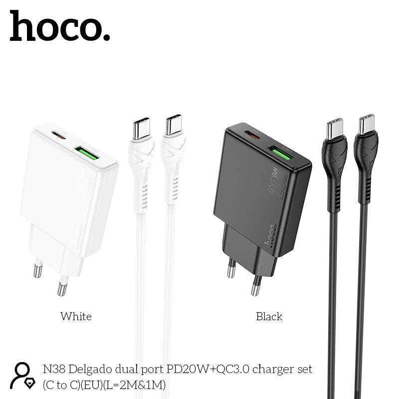 Hoco 20W Schnellladegerät 2-Port USB-C + USB-A mit USB-C-Kabel 1m - Weiß