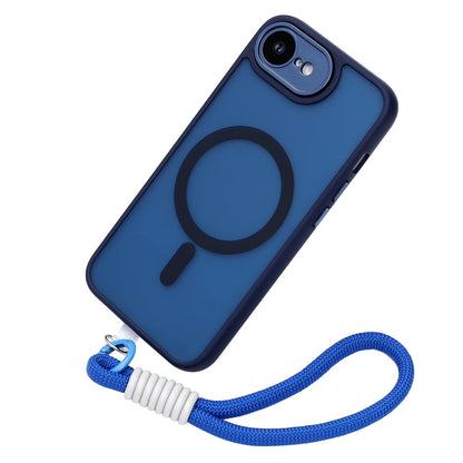Apple iPhone 17e Hoesje - Blauw met Pols Bandje - Matte Armor MagSafe Back Cover met Telefoonkoord