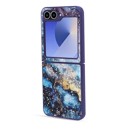 Coque Samsung Galaxy Z Flip 6 - Marbre Bleu - Étui arrière à paillettes effet marbre diamant